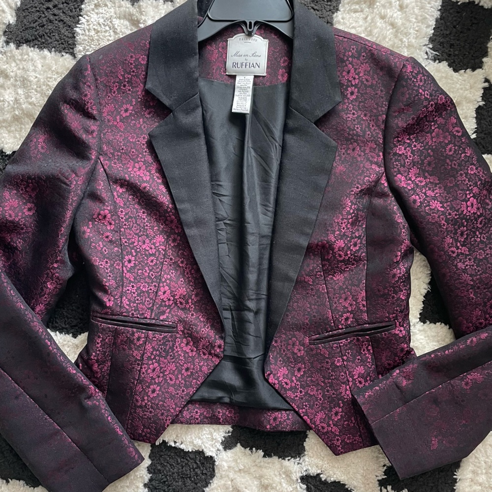 Ruffian Jacquard Cropped Tuxedo Jacket Metallic Floral
